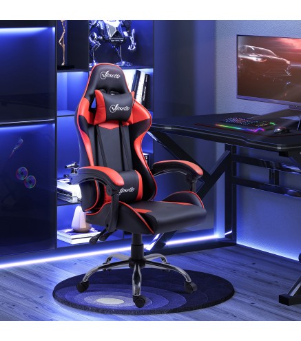 Silla Gaming Silla Racing Giratoria con Altura Ajustable Reclinable de 135° y Cojín Lumbar 63x67x122-130 cm Rojo