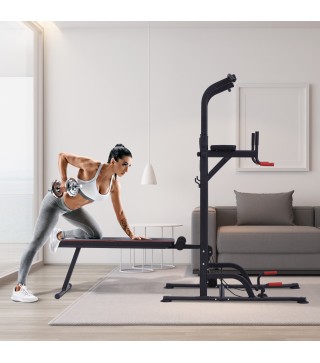 Torre Entrenamiento Energía Power Tower Estación Pull Up Multifuncional Ajustable en Altura con Banco Plegable Barra de Dominada