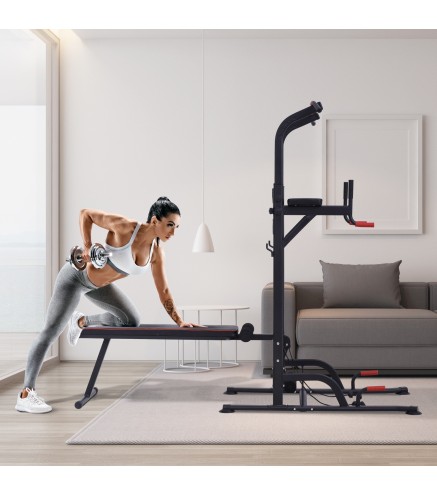 Torre Entrenamiento Energía Power Tower Estación Pull Up Multifuncional Ajustable en Altura con Banco Plegable Barra de Dominada