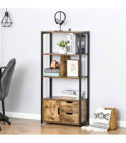 Estantería de Estilo Industrial con Armario y 2 Cajones para Libros y Almacenaje 58x24x122 cm Marrón Rústico