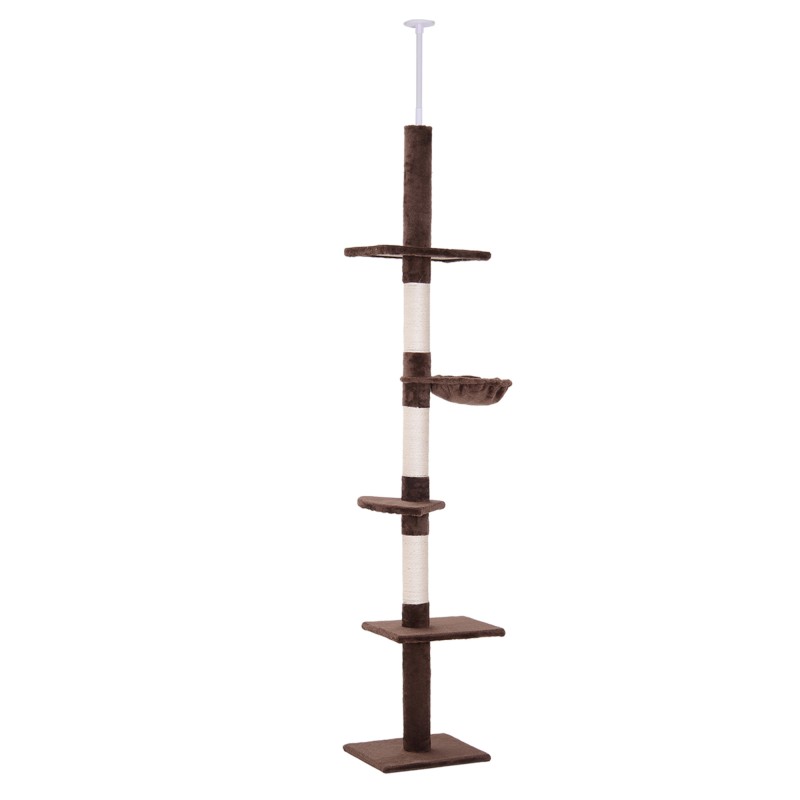 Árbol para Gatos de Suelo a Techo de 230-260 cm con Altura Ajustable Plataformas Hamaca y Postes de Sisal Marrón
