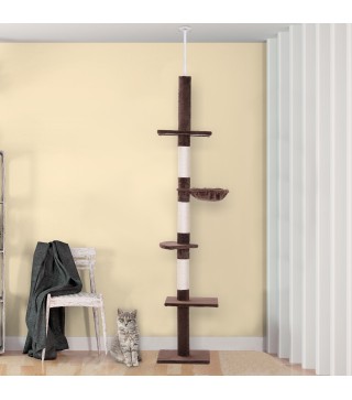 Árbol para Gatos de Suelo a Techo de 230-260 cm con Altura Ajustable Plataformas Hamaca y Postes de Sisal Marrón