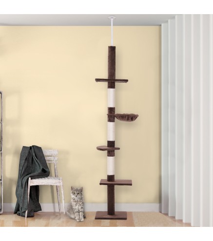 Árbol para Gatos de Suelo a Techo de 230-260 cm con Altura Ajustable Plataformas Hamaca y Postes de Sisal Marrón