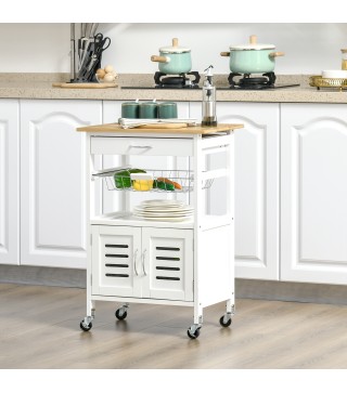 Carrito de Cocina con Ruedas Carro de Almacenamiento Multiuso con Encimera de Bambú Cajón Cesta Metálica y Armario de 2