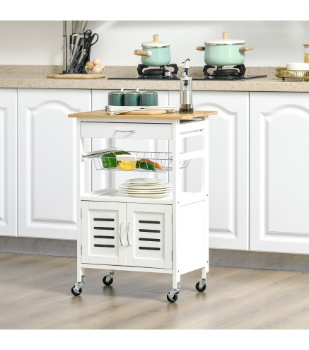 Carrito de Cocina con Ruedas Carro de Almacenamiento Multiuso con Encimera de Bambú Cajón Cesta Metálica y Armario de 2 Puertas