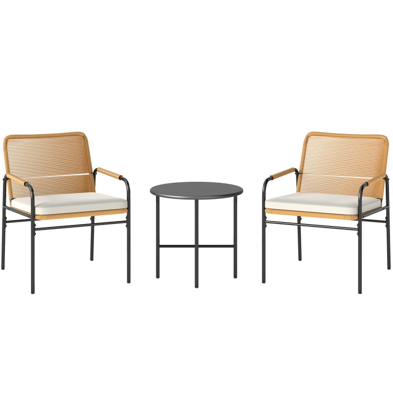 Conjunto de Muebles de Jardín de Ratán Sintético con 2 Sillas con Cojines Extraíbles y Mesa con Tablero de Metal Natural