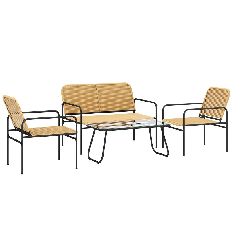 Conjunto de Muebles Jardín Exterior de Ratán de 4 Piezas con Sofá Sillones y Mesa de Tablero de Vidrio Natural