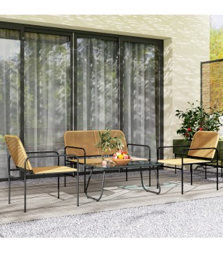 Conjunto de Muebles Jardín Exterior de Ratán de 4 Piezas con Sofá Sillones y Mesa de Tablero de Vidrio Natural