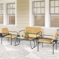 Conjunto de Muebles Jardín Exterior de Ratán de 4 Piezas con Sofá Sillones y Mesa de Tablero de Vidrio Natural