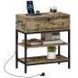 Mesa Auxiliar con Cajón y 2 Estantes con 2 Enchufes y 2 Puertos USB de Estilo Industrial 60x30x66,5 cm Marrón Rústico