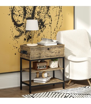 Mesa Auxiliar con Cajón y 2 Estantes con 2 Enchufes y 2 Puertos USB de Estilo Industrial 60x30x66,5 cm Marrón Rústico