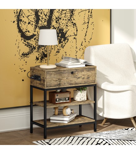 Mesa Auxiliar con Cajón y 2 Estantes con 2 Enchufes y 2 Puertos USB de Estilo Industrial 60x30x66,5 cm Marrón Rústico