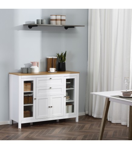 Aparador de Cocina con Armario 2 Cajones 2 Puertas de Vidrio y Estantes Ajustables Muebles Auxiliar de Almacenaje para C