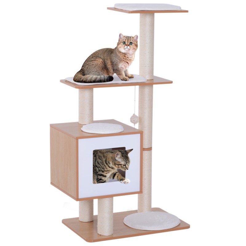 Árbol Rascador para Gatos de Madera 71,5x49,5x120 cm Torre de Gato con Cueva Plataformas Postes Rascadores de Sisal Cojines de F