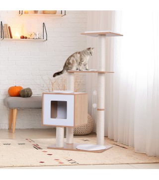 Árbol Rascador para Gatos de Madera 71,5x49,5x120 cm Torre de Gato con Cueva Plataformas Postes Rascadores de Sisal Cojines de F