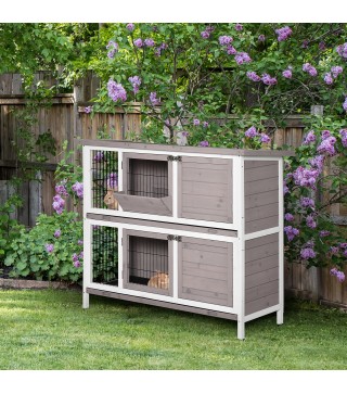 Conejera de Madera Exterior de 2 Niveles Jaula para 1-2 Conejos con Techo Abrible Comedero Bandejas Extraíbles Rampa y Puertas c