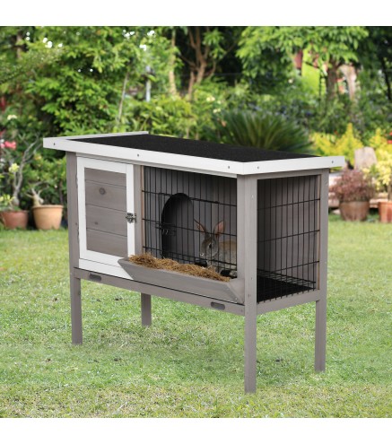 Conejera de Madera Exterior Jaula Elevada para Conejos Cobayas Animales Pequeños con Techo Asfáltico Abatible Comedero Bandejas