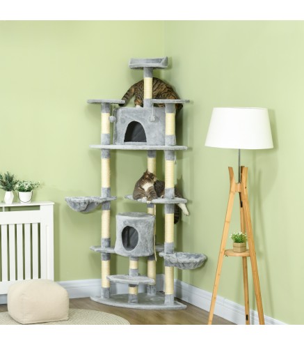 Árbol Rascador para Gatos 200 cm Torre para Gatos con 2 Cuevas 2 Hamacas Cama Postes de Sisal 60x60x200 cm Gris
