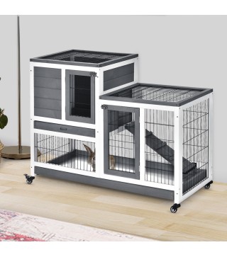 Conejera de Madera con Ruedas para Interior Jaula de 2 Pisos con Rampa y 2 Bandejas Extraíbles 110x50x88cm Gris