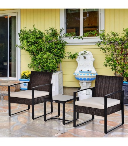 Conjunto de Mesa y Sillas de Jardín para Exterior Incluye 2 Sillones y 1 Mesa de Centro de Vidrio Marrón