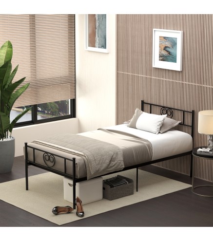 Marco de Cama Individual de Metal 31 cm para Colchón 90x190 cm con Cabecera Forma de Corazón 95x196x100 cm Negro
