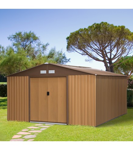 Cobertizo de Jardín 340x386x200 cm 12,4 m² Caseta Exterior de Metal con Puertas Correderas y Ventilaciones Ocre