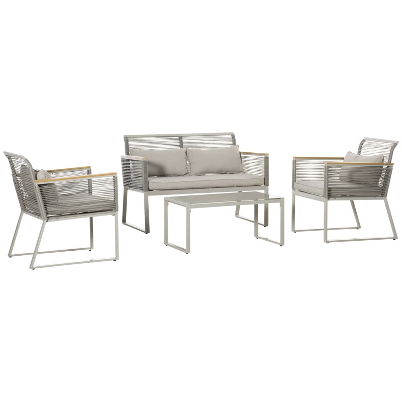 Conjunto de Muebles de Jardín de Ratán 4 Piezas Sofá Doble 2 Sillones Individuales y Mesa de Café de Vidrio con Cojines Desenfun