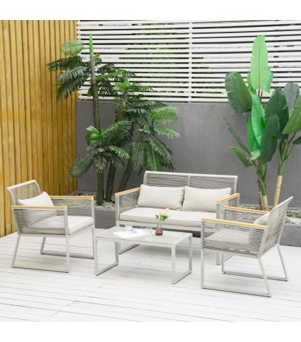 Conjunto de Muebles de Jardín de Ratán 4 Piezas Sofá Doble 2 Sillones Individuales y Mesa de Café de Vidrio con Cojines Desenfun