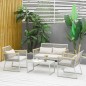 Conjunto de Muebles de Jardín de Ratán 4 Piezas Sofá Doble 2 Sillones Individuales y Mesa de Café de Vidrio con Cojines Desenfun