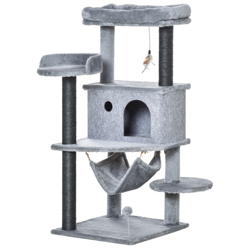 Árbol Rascador para Gatos 48x48x107 cm Torre para Gatos con Cueva de Fieltro Desmontable Hamaca Camas Plataformas Gris