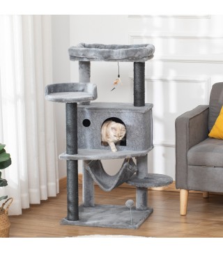 Árbol Rascador para Gatos 48x48x107 cm Torre para Gatos con Cueva de Fieltro Desmontable Hamaca Camas Plataformas Gris