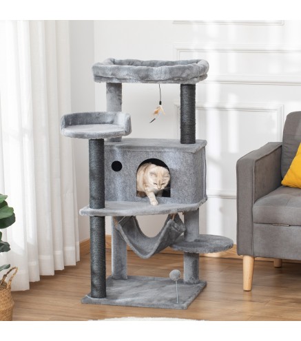 Árbol Rascador para Gatos 48x48x107 cm Torre para Gatos con Cueva de Fieltro Desmontable Hamaca Camas Plataformas Gris