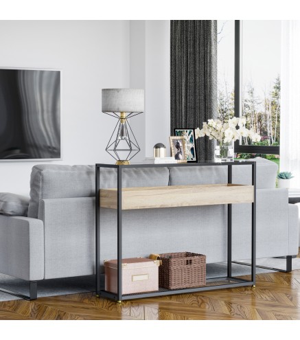 Mesa Consola de Entrada 108x28x85 cm Mueble Recibidor con Encimera de Cristal Estante y Rejilla Inferior Marco de Acero