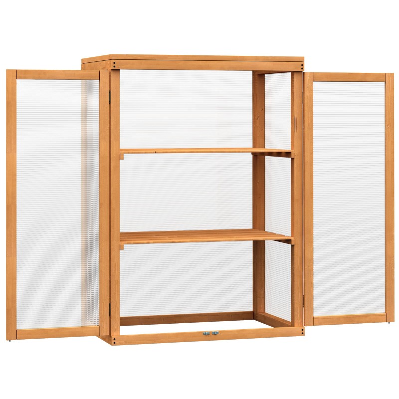 Invernadero de Jardín de Madera y Policarbonato Invernadero Vivero Casero con 3 Estantes 2 Puertas y Tapa Abatible para Cultivo