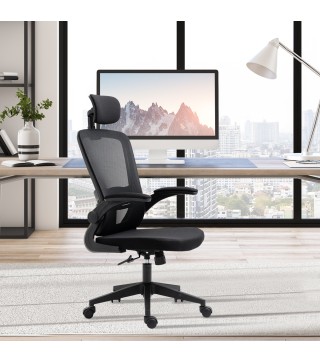 Silla de Oficina de Malla Silla Escritorio Giratoria con Altura Ajustable Reposabrazos Plegable Reposacabezas y Soporte Lumbar R