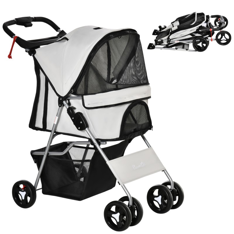 Carrito para Perros con Toldo Ajustable Cesta de Almacenaje y Ruedas con Freno Tela Oxford 77x45x99,5 cm Gris
