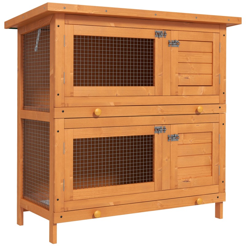 Conejera de Madera Exterior de 2 Niveles Jaula para 1-2 Conejos Mascotas Pequeñas con Techo Asfáltico Abrible y 2 Bandejas Extra