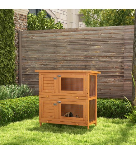 Conejera de Madera Exterior de 2 Niveles Jaula para 1-2 Conejos Mascotas Pequeñas con Techo Asfáltico Abrible y 2 Bandejas Extra