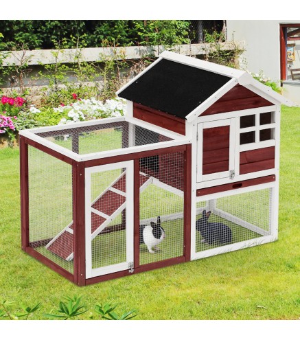 Conejera de Madera de 2 Niveles Jaula para Conejos con Zona Abierta Techo Asfáltico Bandeja Extraíble y Rampa Conejera para Exte