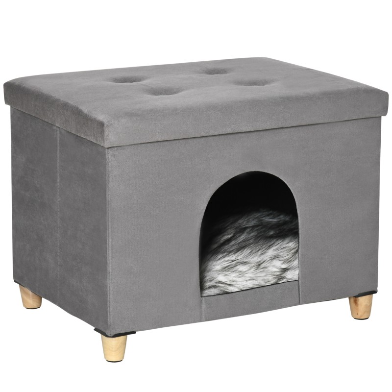 Cueva para Gatos 2 en 1 Taburete Reposapiés con Tapa Extraíble Orificio de Entrada Cojín Lavable y Patas Elevadas de Madera para