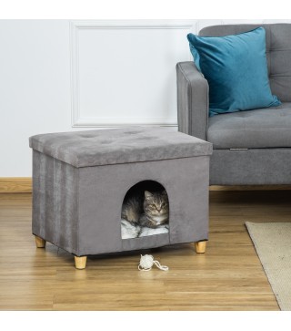 Cueva para Gatos 2 en 1 Taburete Reposapiés con Tapa Extraíble Orificio de Entrada Cojín Lavable y Patas Elevadas de Madera para