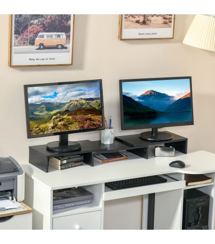 Soporte Elevador para Monitores de Madera Ajustable en Longitud y Ángulo para 2 Pantallas de Ordenador Portátil 80-117x23,5x10 c