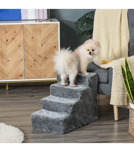 Escalera para Perros de 4 Peldaños Escalera para Mascotas con Funda Extraíble y Lavable para Cama Sofá 60x35x44 cm Gris