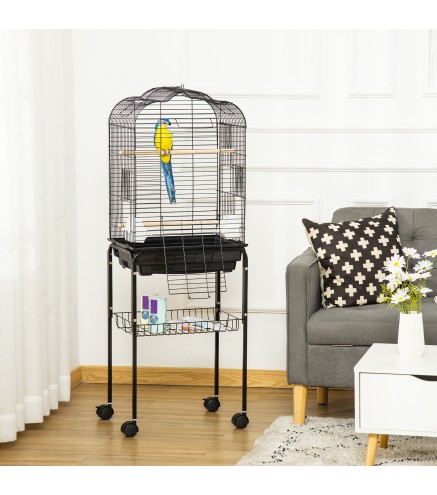 Jaula para Pájaros con Soporte Jaula de Aves Canarios con 4 Ruedas Techo Abrible 2 Comederos 3 Perchas Bandeja Extraíble y Estan