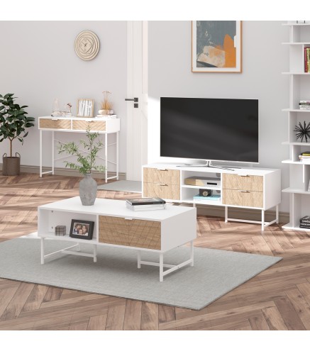 Mesa de Consola Estrecha con 2 Cajones Diseño de Líneas Talladas Estilo Moderna Blanco y Roble