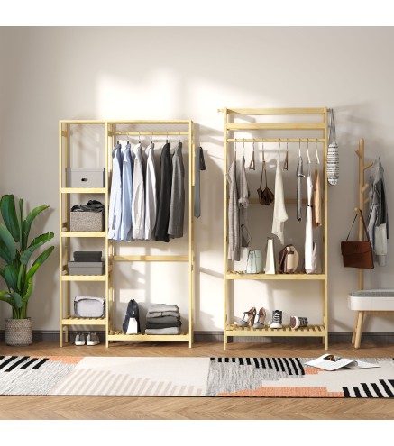 Perchero Burro de Bambú Perchero de Pie con Estantería de 4 Niveles con Barra Estante Inferior y Colgador Lateral para R