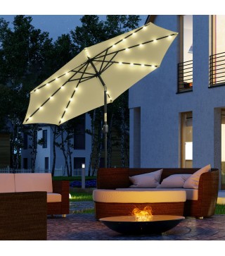Sombrilla Terraza Exterior, Ø265 cm, Sombrilla de Jardín con 32 Luces LED Solares, Poste de Acero y Manivela de Parasol Inclinab