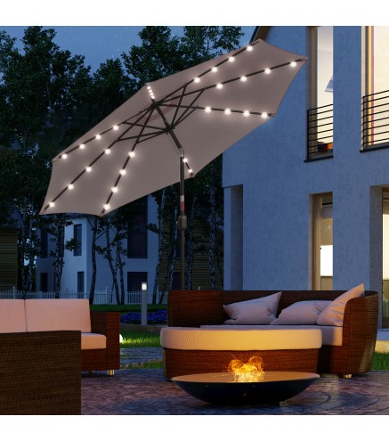 Sombrilla Terraza Exterior, Ø265 cm, Sombrilla de Jardín con 32 Luces LED Solares, Poste de Acero y Manivela de Parasol Inclinab