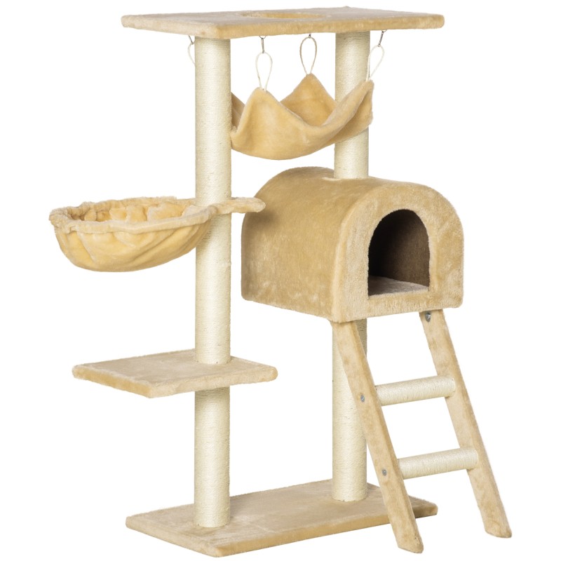 Árbol Rascador para Gatos Altura 98 cm Torre Escalador con Cueva Cesta Hamaca Escalera Plataformas y Postes Rascadores de Sisal