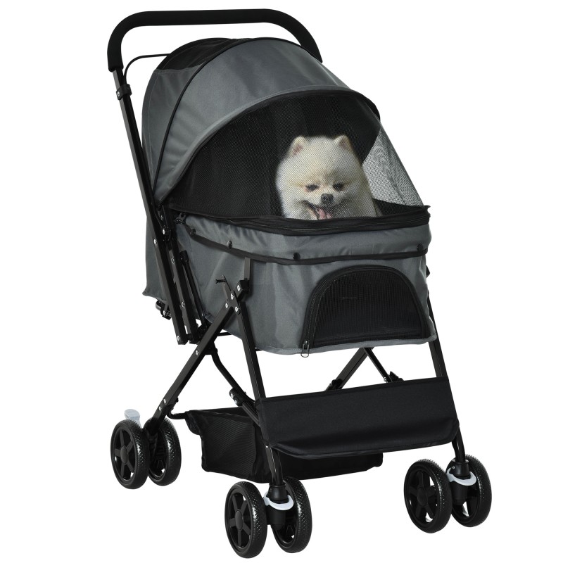Carrito para Perros Plegable con Mango Reversible Ventana de Malla Cesta de Almacenamiento 76,5x52x95 cm Gris
